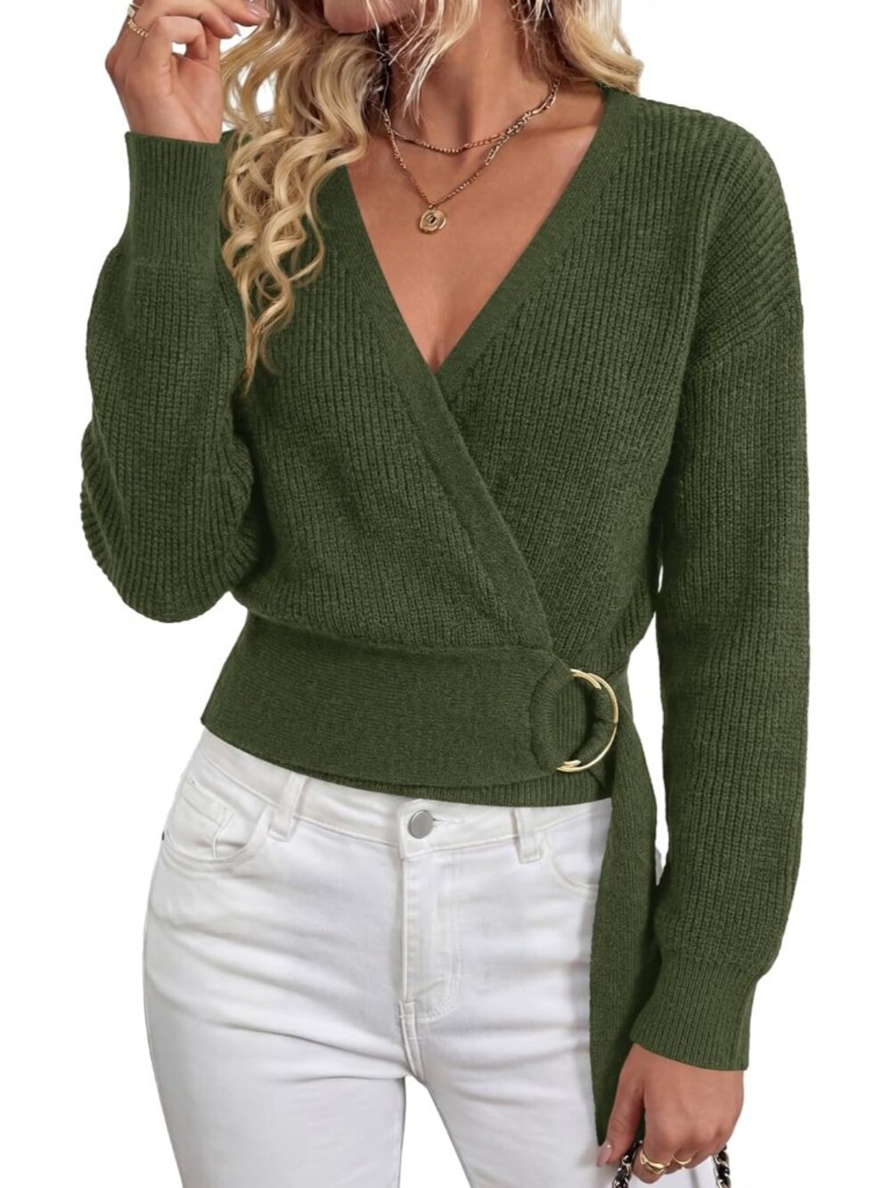 Chic Army Green Belted V-Neck Sweater for Women